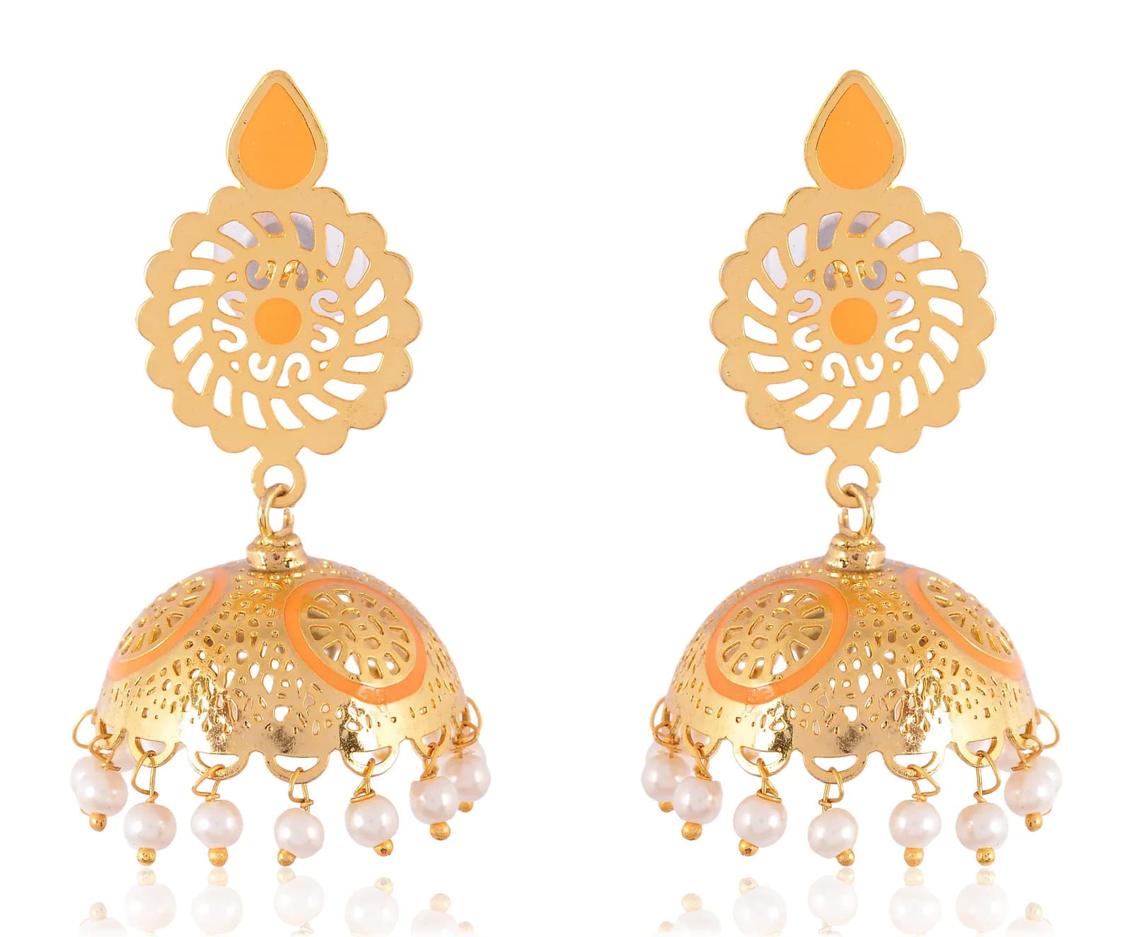 A pair of gold-plated jhumka earrings — a scalloped filigree medallion stud with a marigold enamel teardrop finial, above a perforated dome ringed in marigold enamel and fringed with pearls