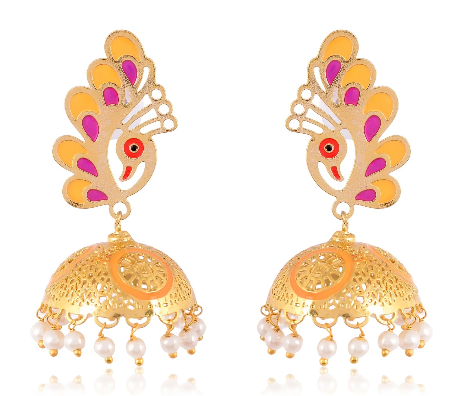 A pair of gold-plated jhumka earrings — an enamelled peacock stud in marigold and magenta, above a perforated dome ringed in marigold enamel and fringed with pearls