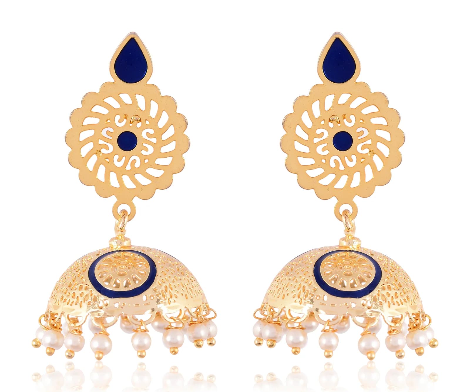 A pair of gold-plated jhumka earrings — a scalloped filigree medallion stud with a navy enamel teardrop finial, above a perforated dome ringed in navy enamel and fringed with pearls
