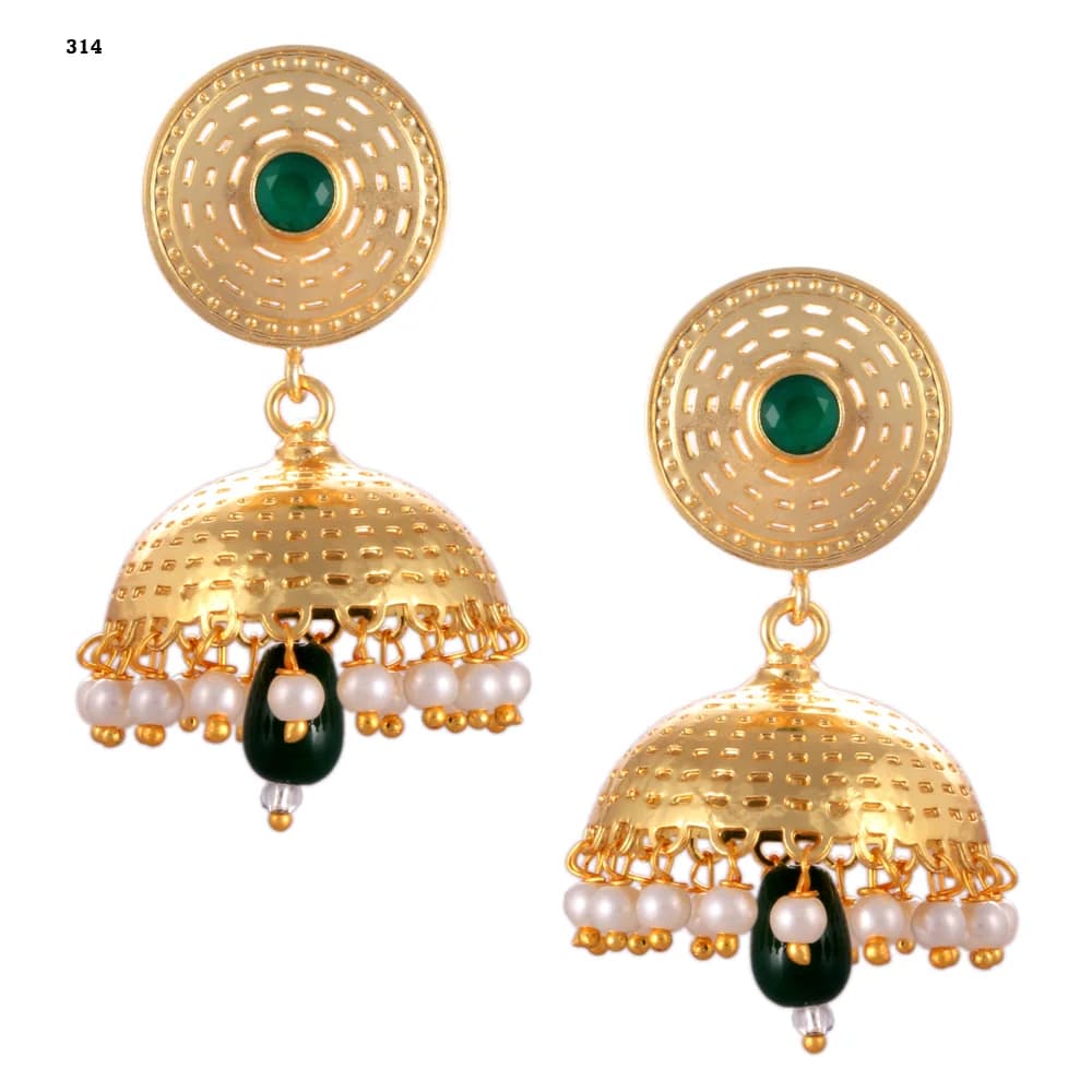 A pair of gold-plated jhumka earrings — a pierced disc stud set with a green stone above a single perforated dome, pearl-fringed, with a dark green glass teardrop hanging at the centre