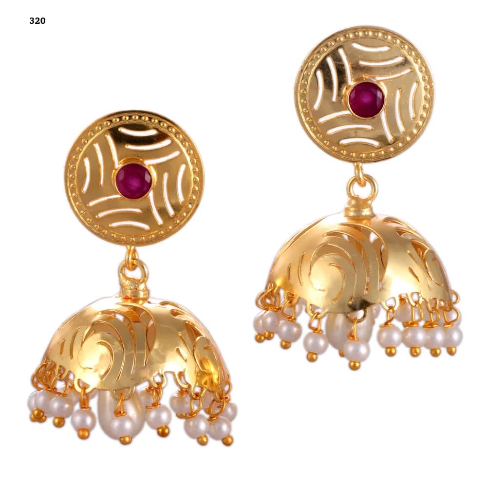 A pair of gold-plated jhumka earrings — a pierced disc stud set with a red stone above a single smooth-panelled dome, pearl-fringed, with a pearl drop at the centre