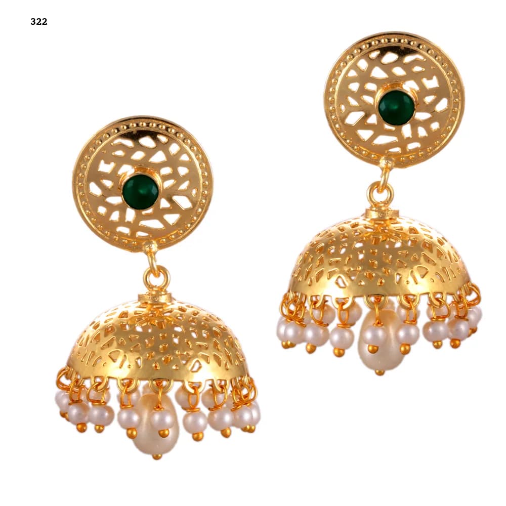 A pair of gold-plated jhumka earrings — a pierced disc stud set with a green stone above a single perforated dome, pearl-fringed, with a pearl drop at the centre