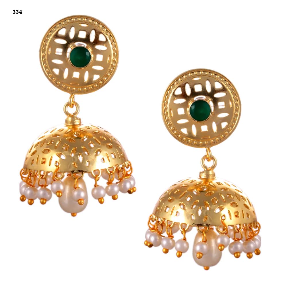A pair of gold-plated jhumka earrings — a pierced disc stud set with a green stone above a single perforated dome, pearl-fringed, with a pearl drop at the centre