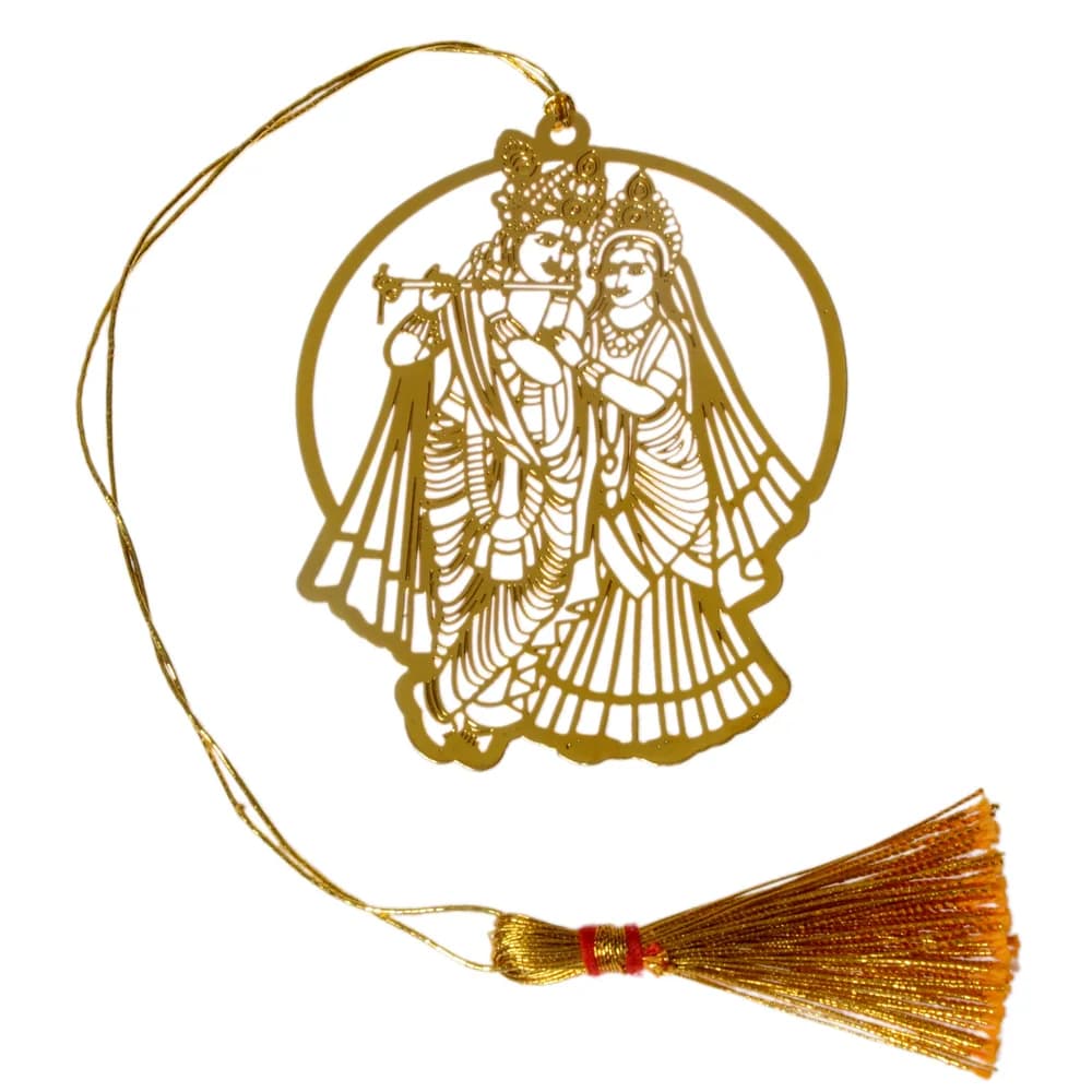 Die-cut gold-tone bookmark of Radha and Krishna standing together inside a plain ring, Krishna at his flute in a peacock-feather crown, on a gold cord with a tassel