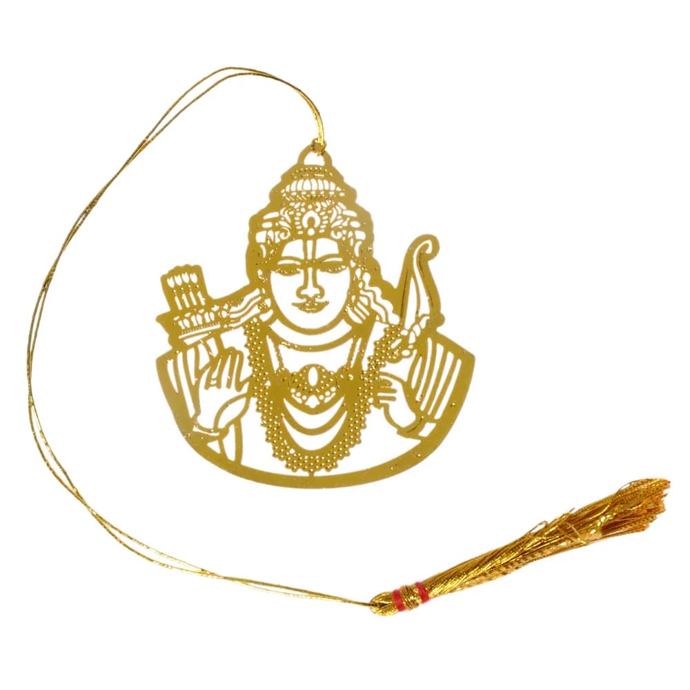 Die-cut gold-tone bookmark of a crowned Lord Rama from the waist up, his bow at one shoulder and a quiver of arrows at the other, on a gold cord with a tassel