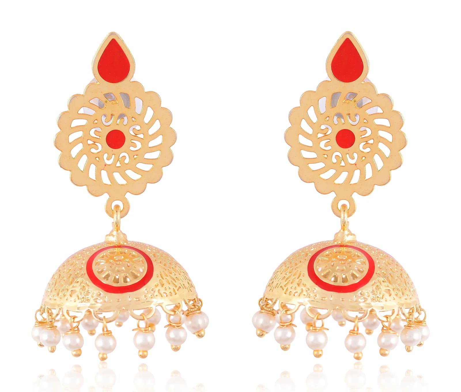 A pair of gold-plated jhumka earrings — a scalloped filigree medallion stud with a red enamel teardrop finial, above a perforated dome ringed in red enamel and fringed with pearls