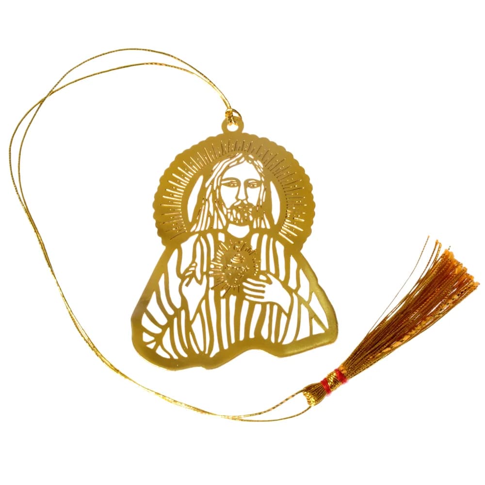 Die-cut gold-tone bookmark of the Sacred Heart of Jesus, one hand over the flaming heart and a rayed halo behind, on a gold cord with a tassel