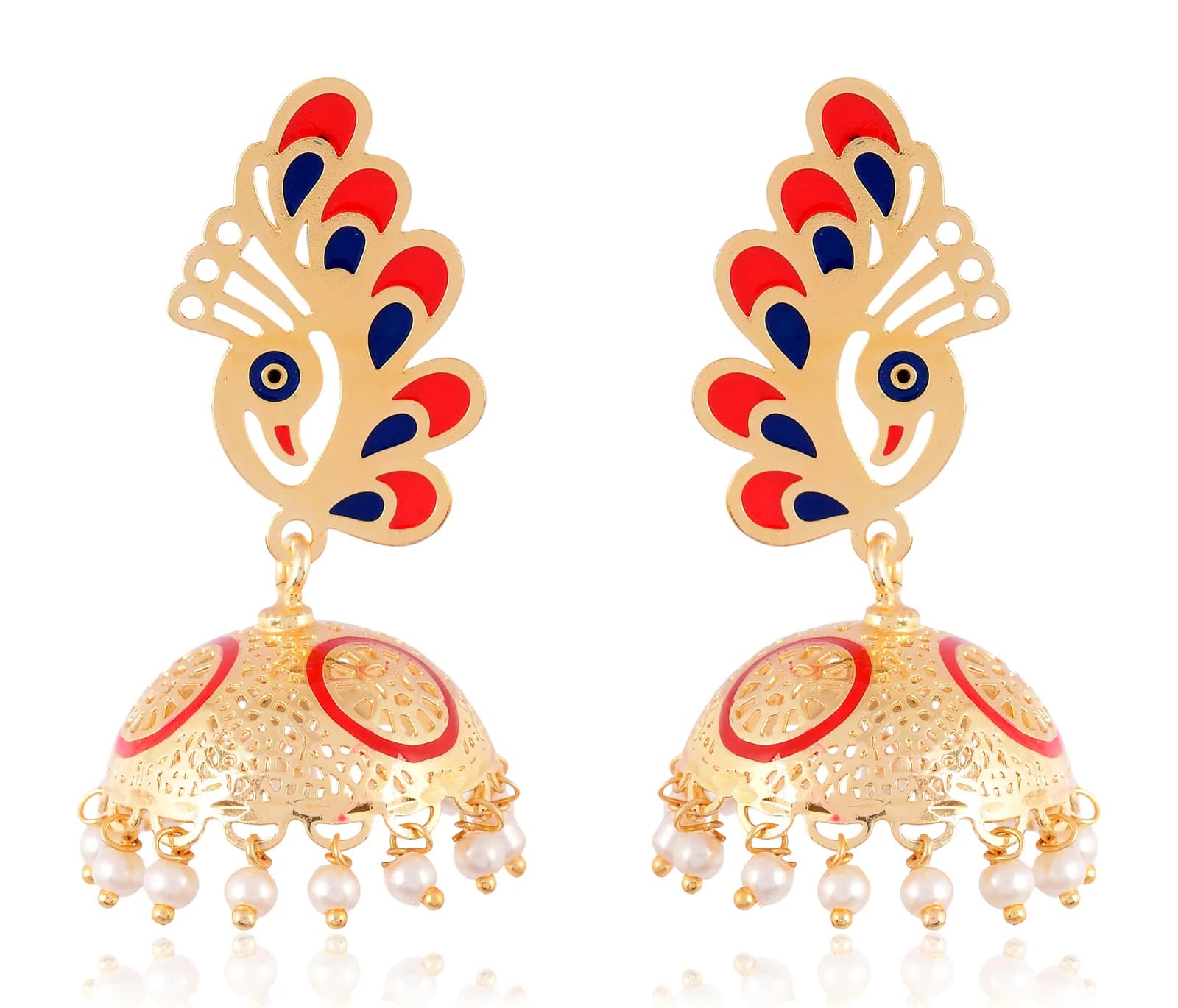 A pair of gold-plated jhumka earrings — an enamelled peacock stud in scarlet and navy, above a perforated dome ringed in scarlet enamel and fringed with pearls