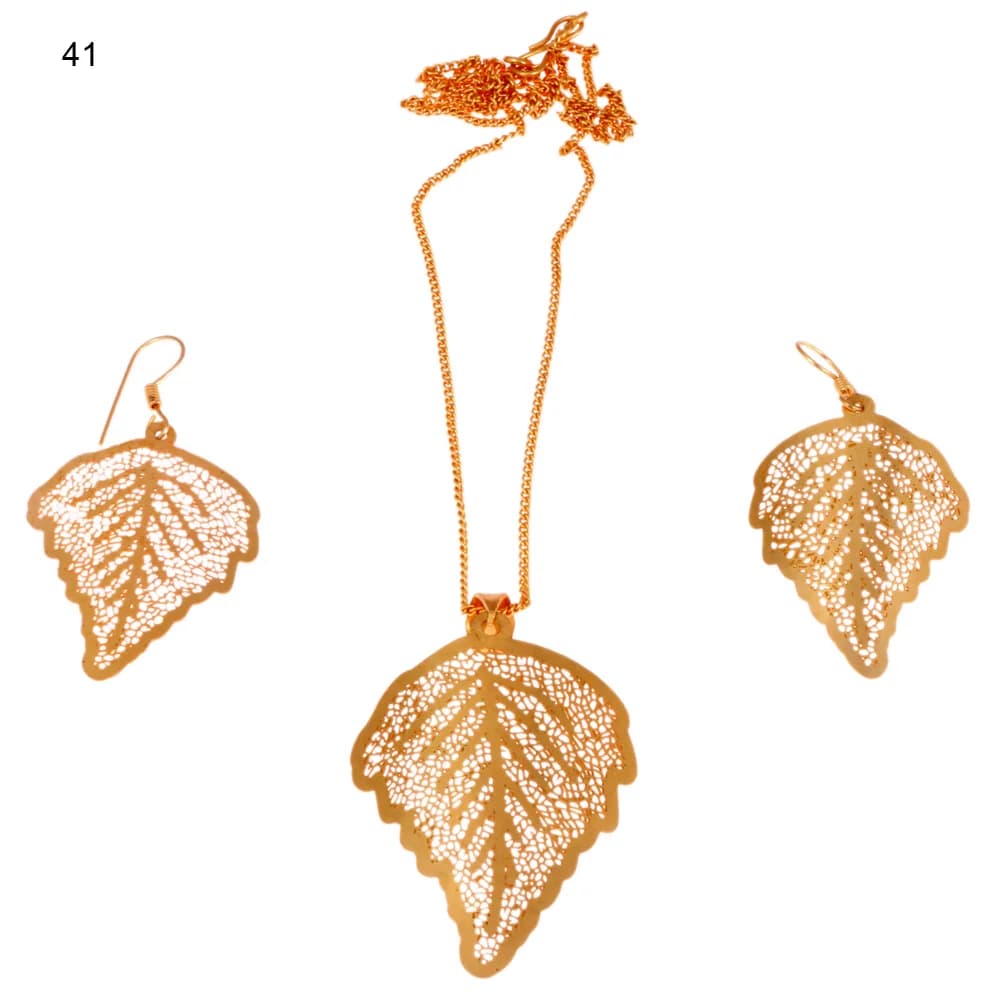 Gold-plated three-piece set with a pointed serrated leaf pendant and matching hook earrings, the blade filled edge to edge with fine net veining and no solid ribs