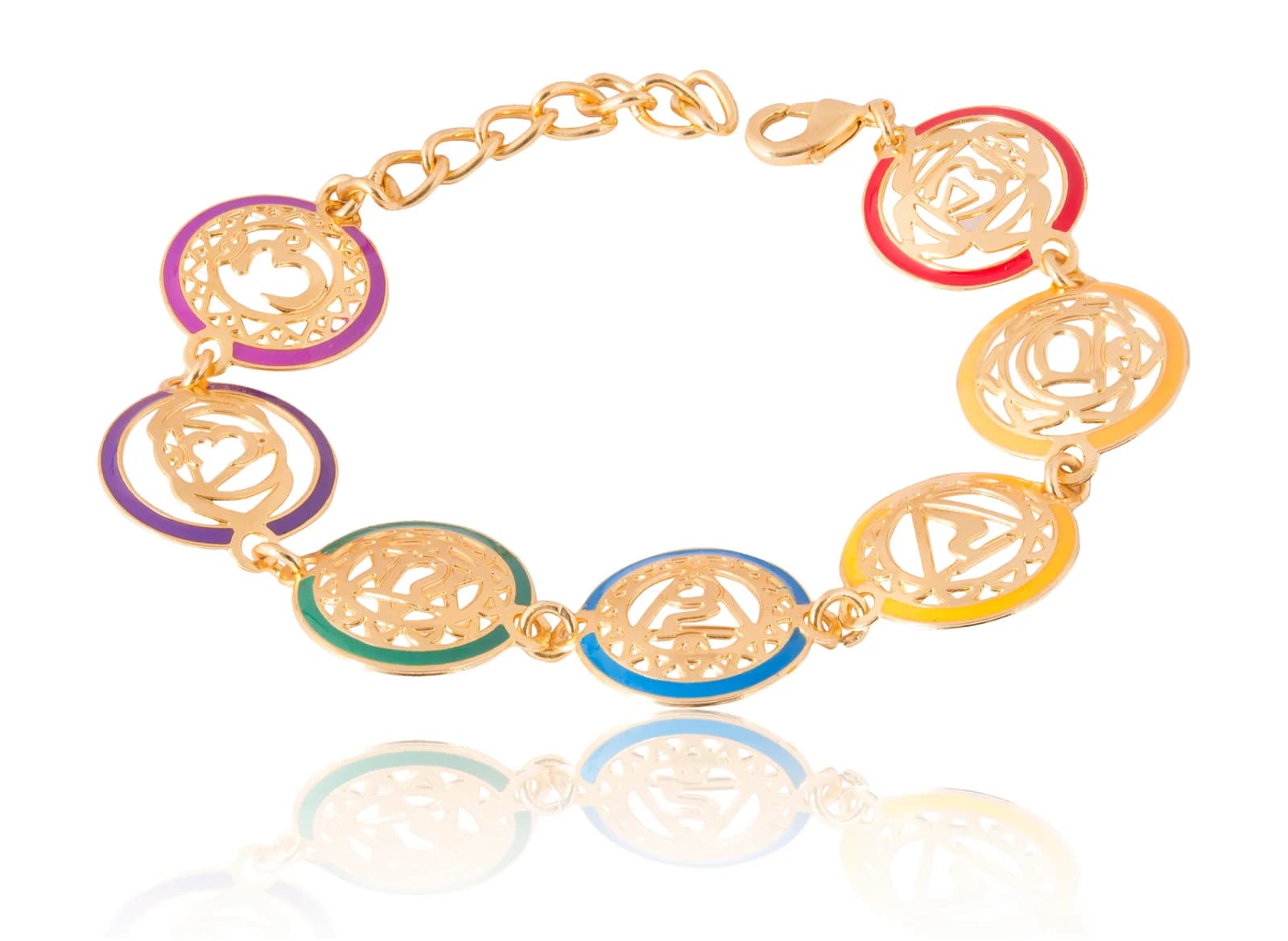 Gold-plated link bracelet of all seven enamel chakra medallions joined jump-ring to jump-ring, laid in a circle with its lobster clasp and extender chain
