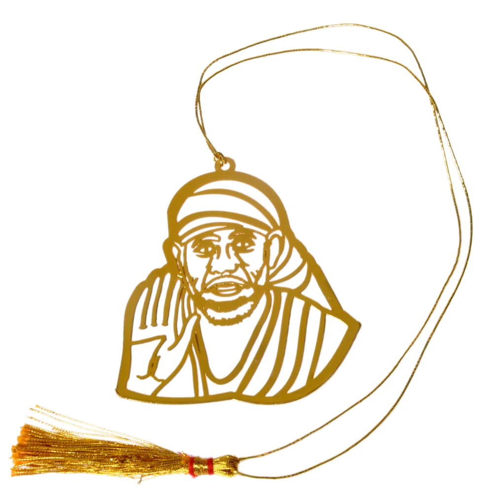 Die-cut gold-tone bookmark of Shirdi Sai Baba from the chest up in his head cloth, one hand raised in blessing, on a gold cord with a tassel