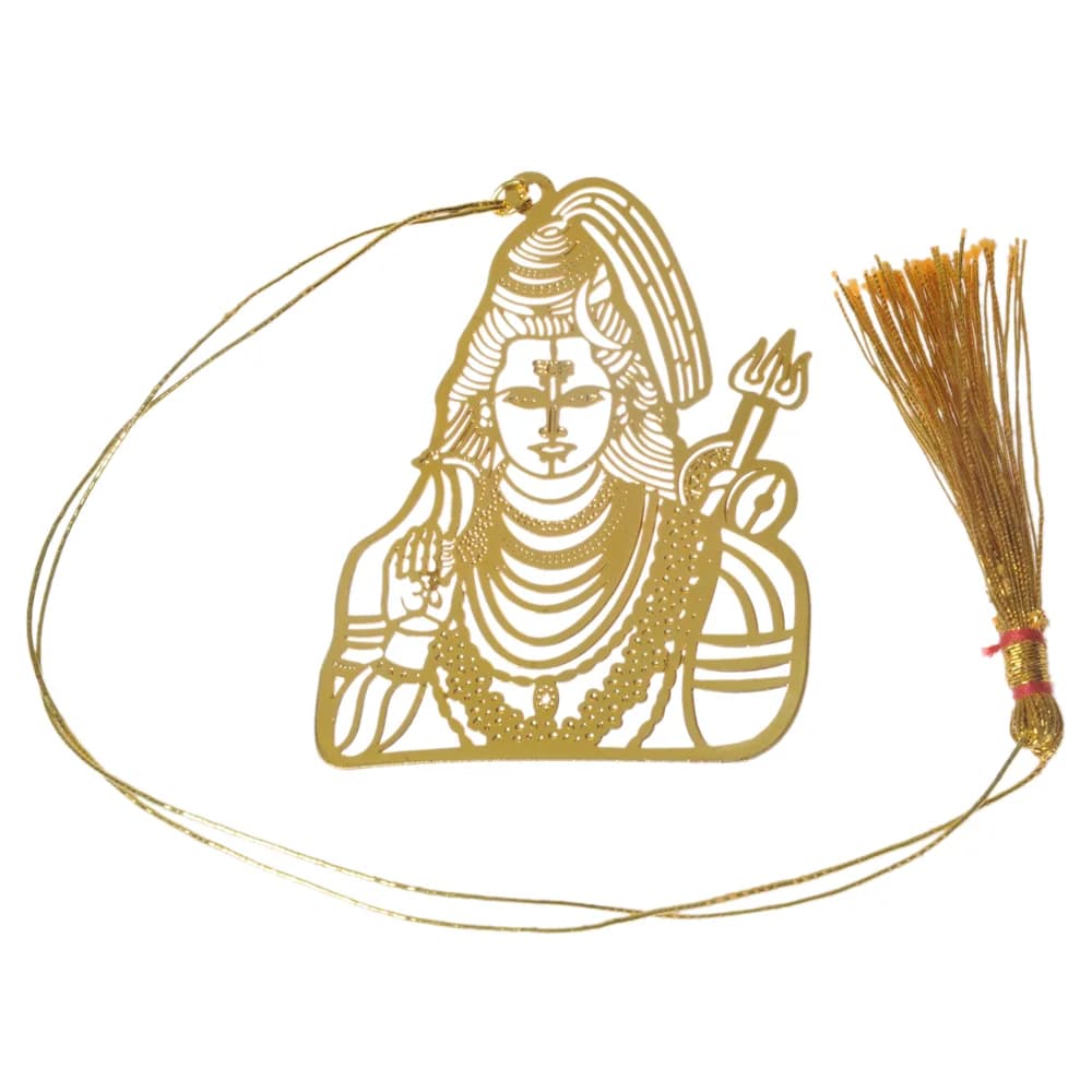 Die-cut gold-tone bookmark of Lord Shiva from the waist up with matted hair, a raised hand of blessing and his trident and damru behind, on a gold cord with a tassel
