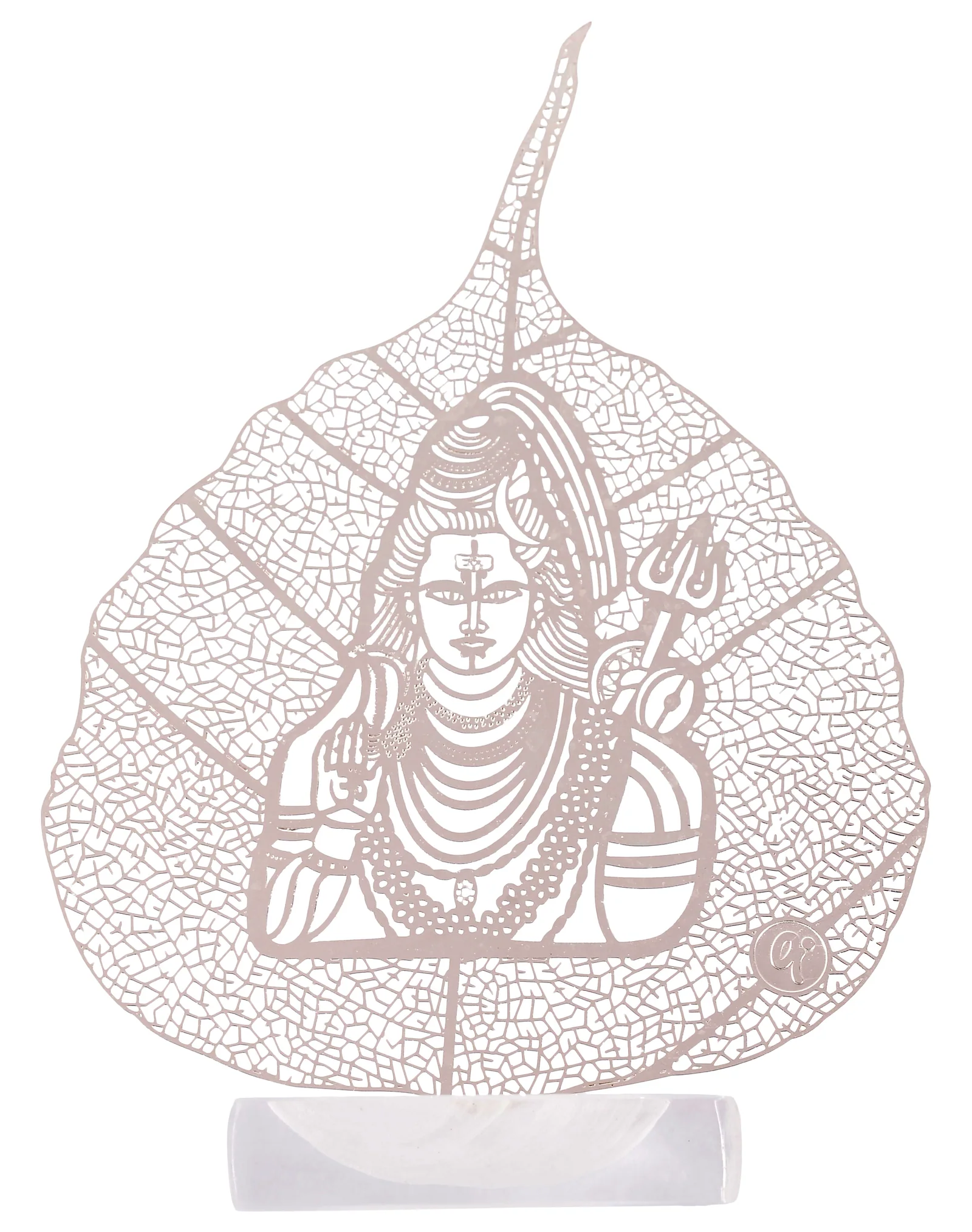 Silver skeletonised peepal leaf engraved with Lord Shiva seated with his trident and a serpent across his shoulders, in a clear acrylic pedestal