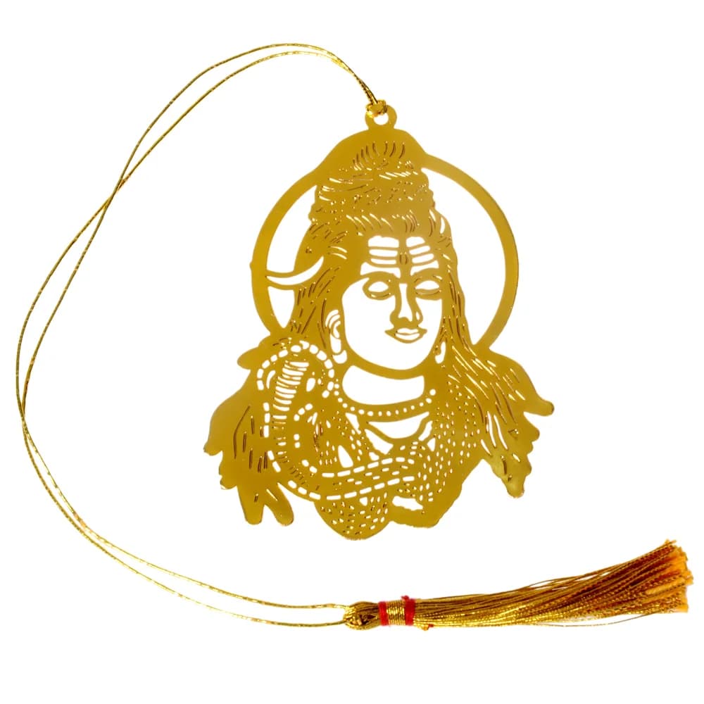 Die-cut gold-tone bookmark of Lord Shiva's face inside a plain halo ring, third eye open and a serpent across his shoulder, on a gold cord with a tassel