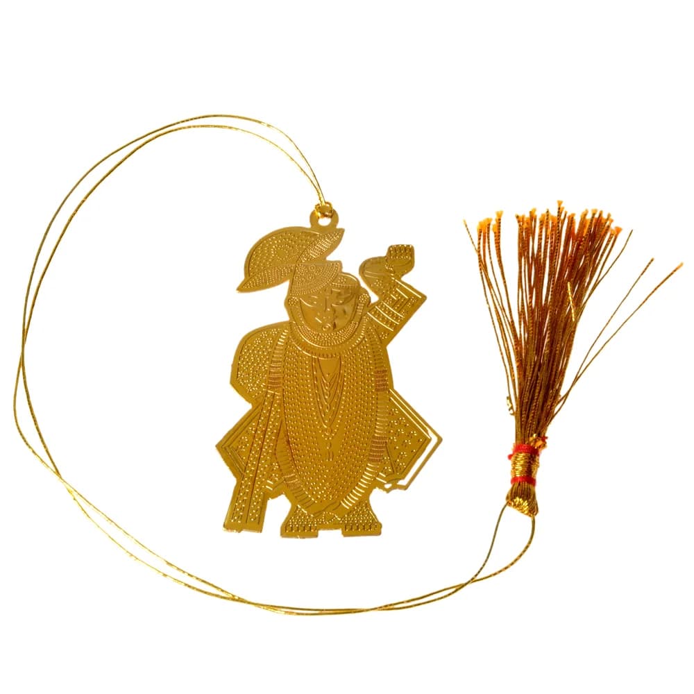 Die-cut gold-tone bookmark of Shrinathji with his left arm raised, embossed in dotted relief on a stepped ground, on a gold cord with a tassel