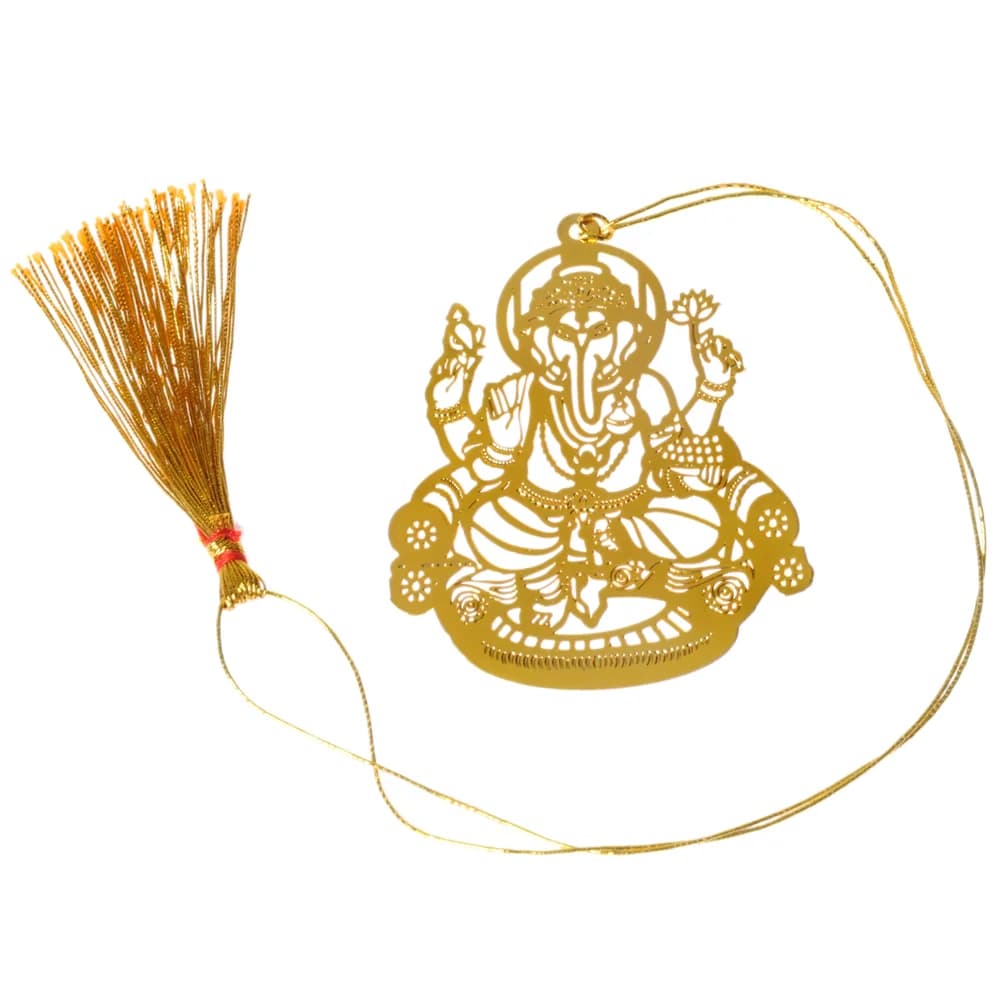 Die-cut gold-tone bookmark of four-armed Ganesha seated on a lotus throne between two lotus blooms, on a gold cord with a tassel