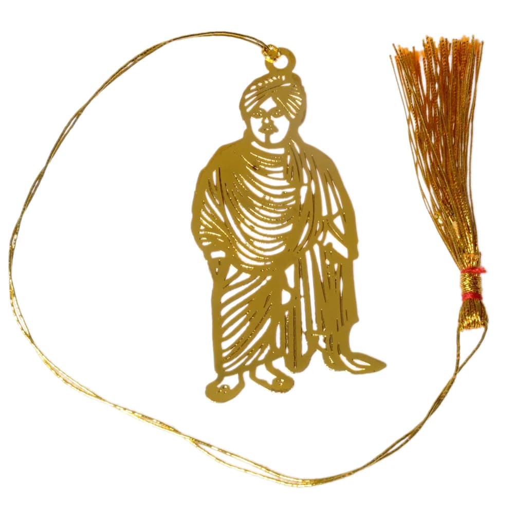 Die-cut gold-tone bookmark of Swami Vivekananda standing in a turban with his arms folded in his robe, on a gold cord with a tassel