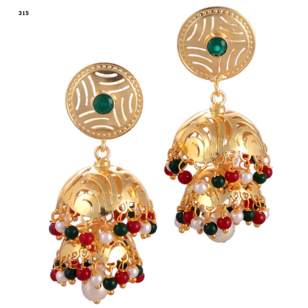 A pair of gold-plated jhumka earrings — a pierced disc stud set with a green stone above three stacked perforated domes fringed in red, green and pearl beads, with a pearl drop at the centre