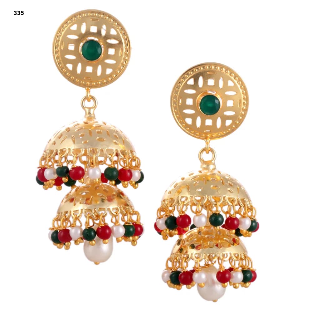A pair of gold-plated jhumka earrings — a pierced disc stud set with a green stone above three stacked perforated domes fringed in red, green and pearl beads, with a pearl drop at the centre