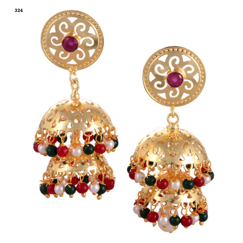 A pair of gold-plated jhumka earrings — a scrolled disc stud set with a red stone above two stacked perforated domes fringed in red, green and pearl beads