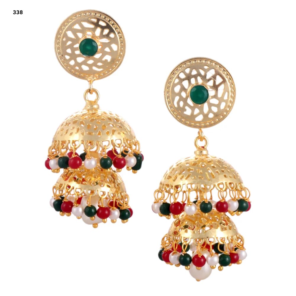 A pair of gold-plated jhumka earrings — a pierced disc stud set with a green stone above two stacked perforated domes fringed in red, green and pearl beads