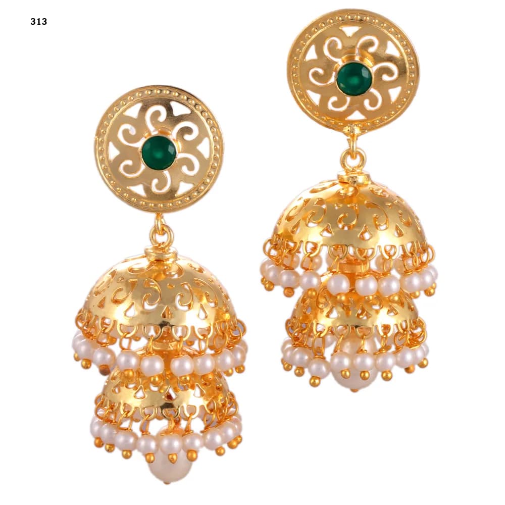 A pair of gold-plated jhumka earrings — a pierced disc stud set with a green stone above two stacked perforated domes, each rimmed with pearls, and a pearl drop at the centre