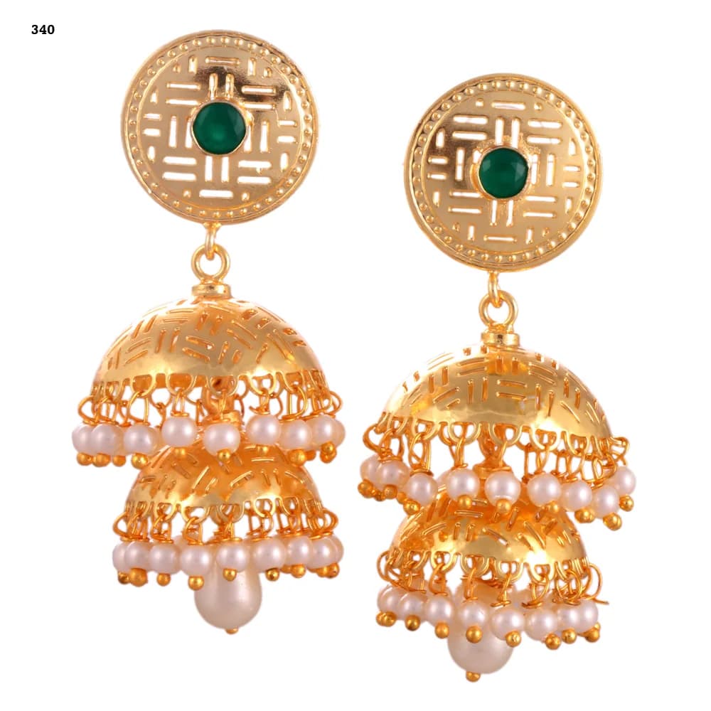 A pair of gold-plated jhumka earrings — a pierced disc stud set with a green stone above two stacked perforated domes, both pearl-fringed, with a pearl drop at the centre