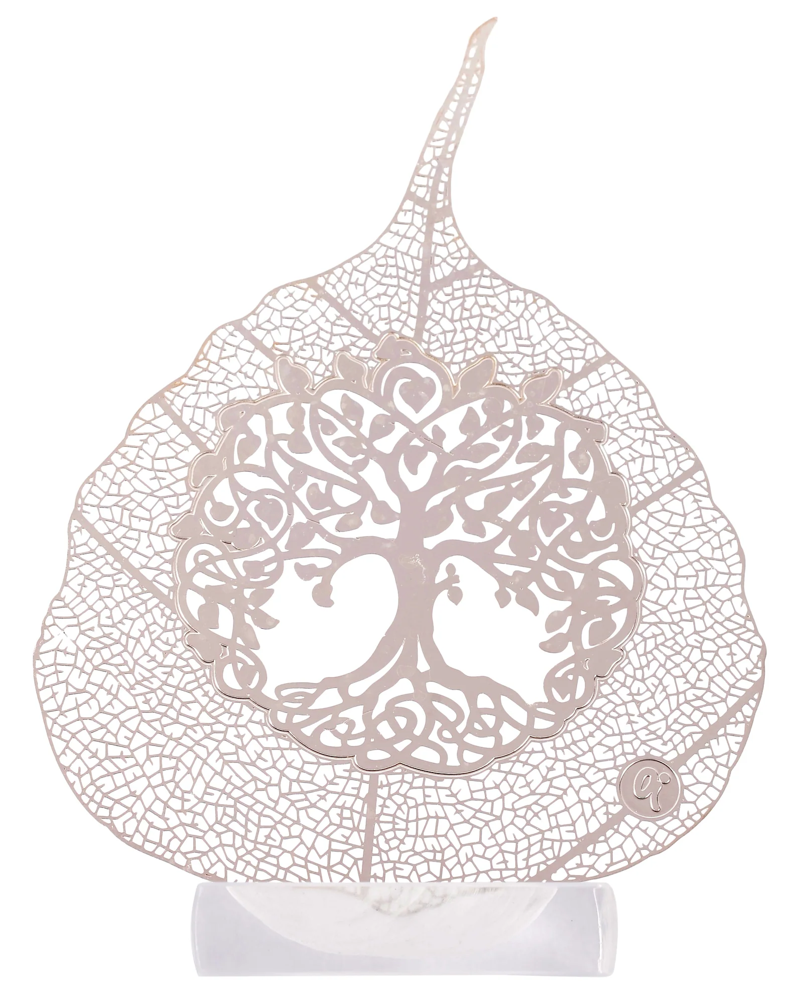 Silver skeletonised peepal leaf engraved with a spreading tree of life, standing in a clear acrylic pedestal