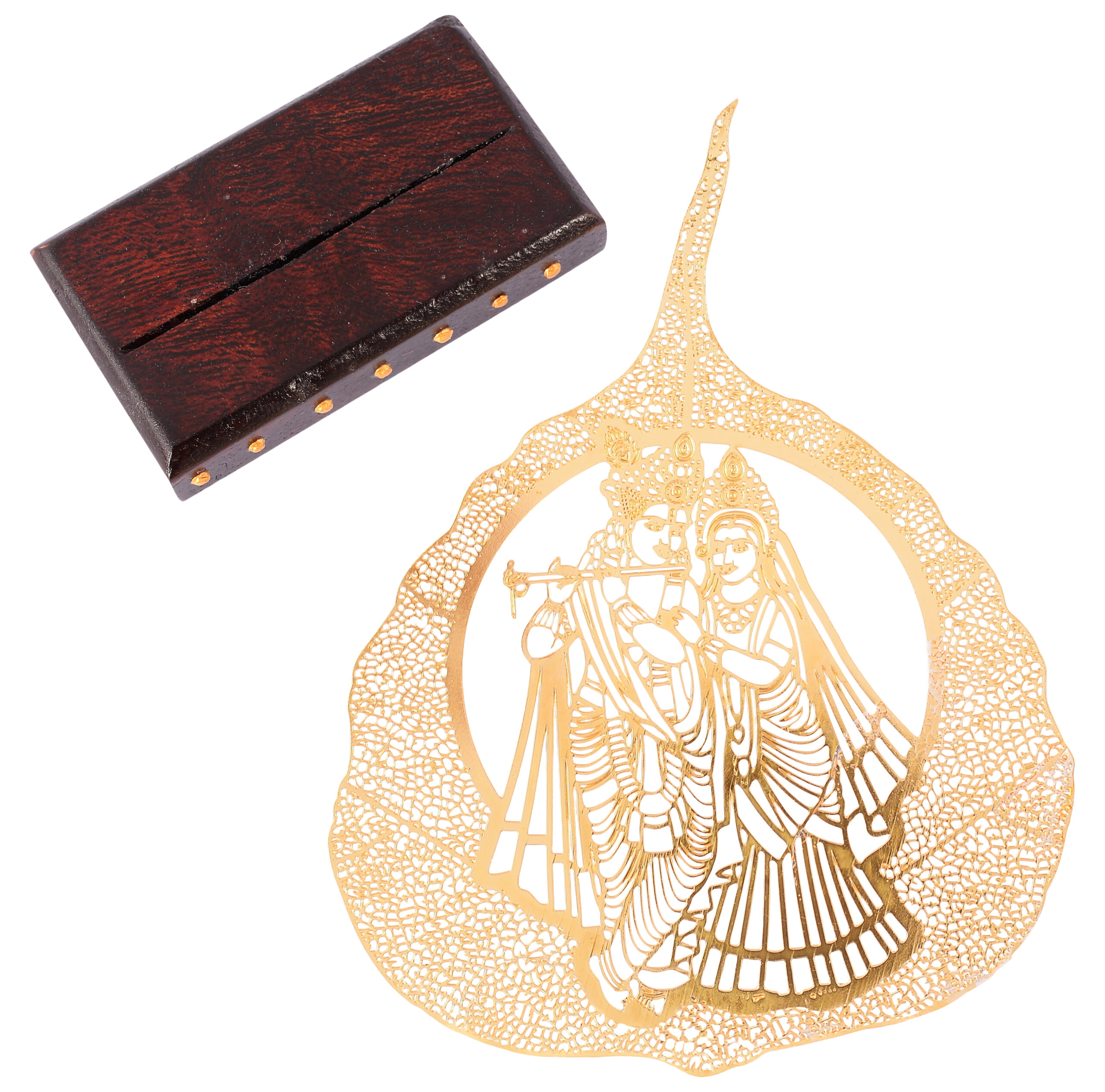 Radha Krishna Filigree Metal Leaf Art Showpiece with Wooden Base - Image 2