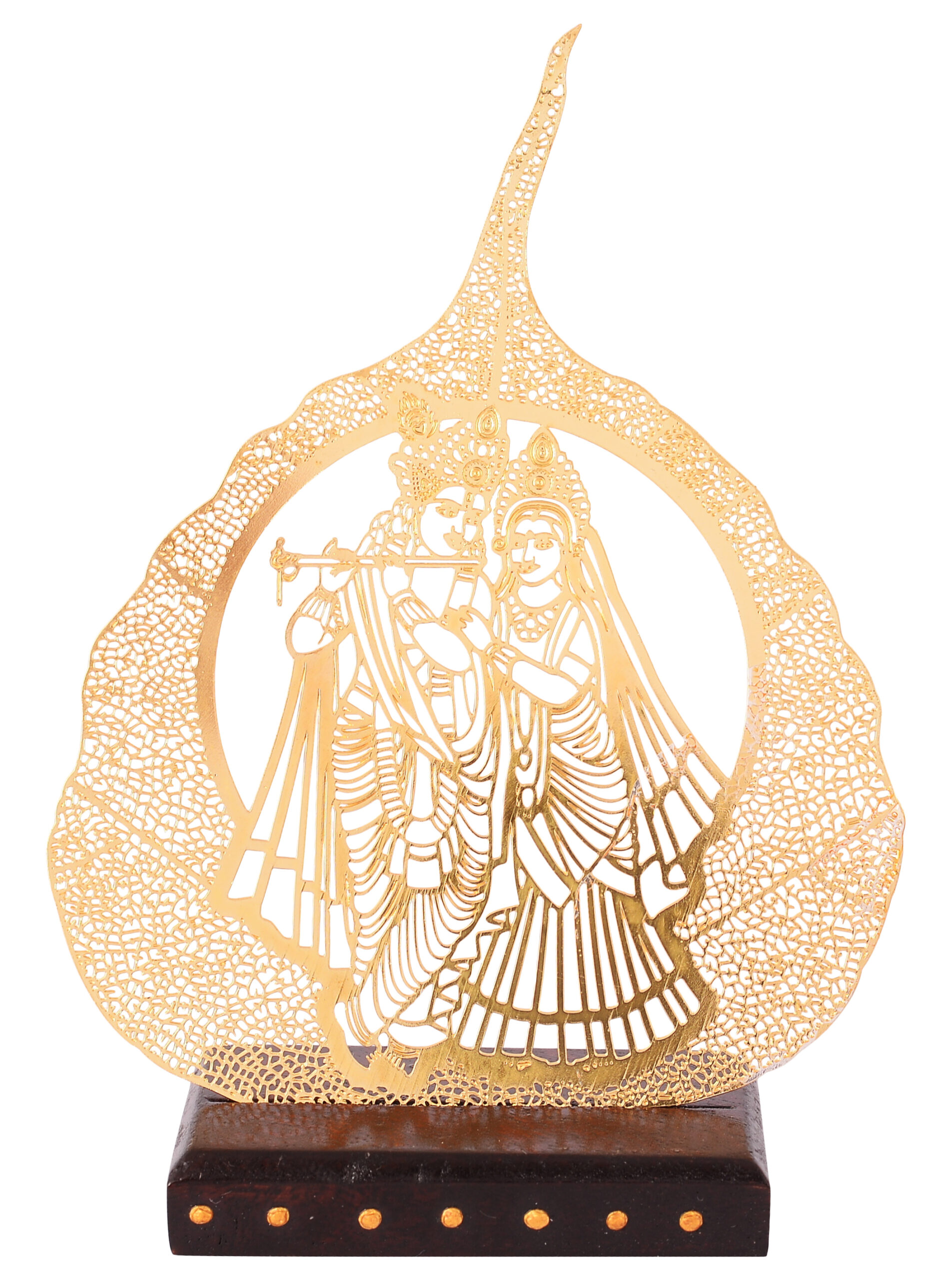 Radha Krishna Filigree Metal Leaf Art Showpiece with Wooden Base