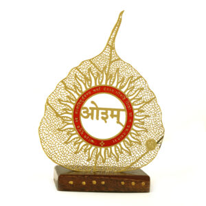 Aum Bodhi Leaf Metal Showpiece with Wooden Base – Spiritual Desk & Home Decor